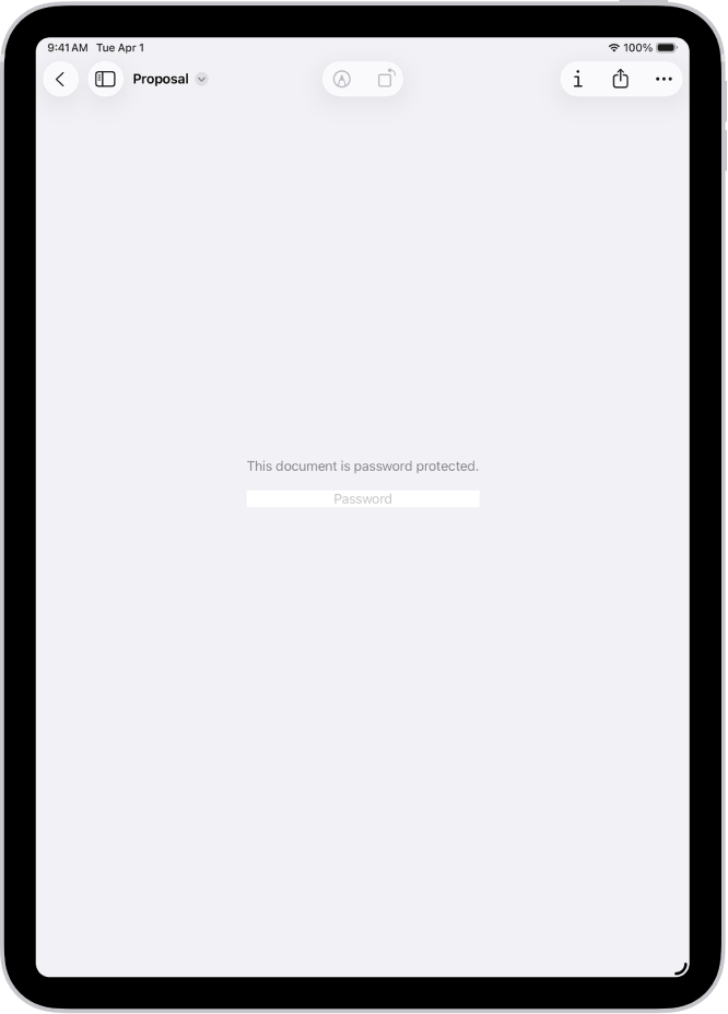 Lietotnē Preview bloķēta PDF veidlapa ar paroles lauku. Ekrāna apakšdaļā ir pogas Markup, Info un Share.