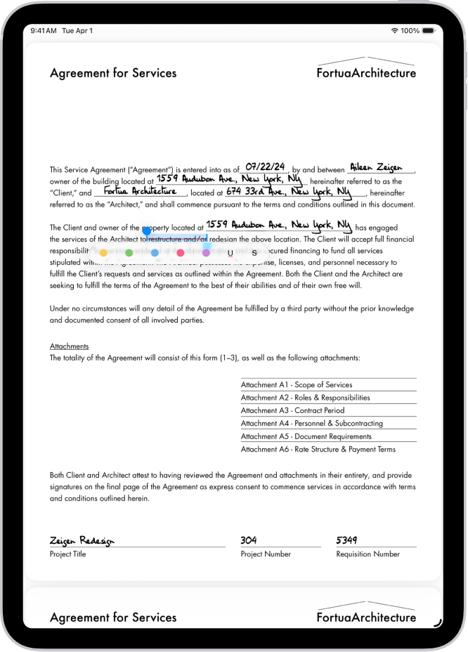 Pakalpojuma līguma PDF dokuments lietotnē Preview ar izceltu un pārsvītrotu tekstu. Zem teksta redzamas pogas Highlight, Underline un Strike Through.