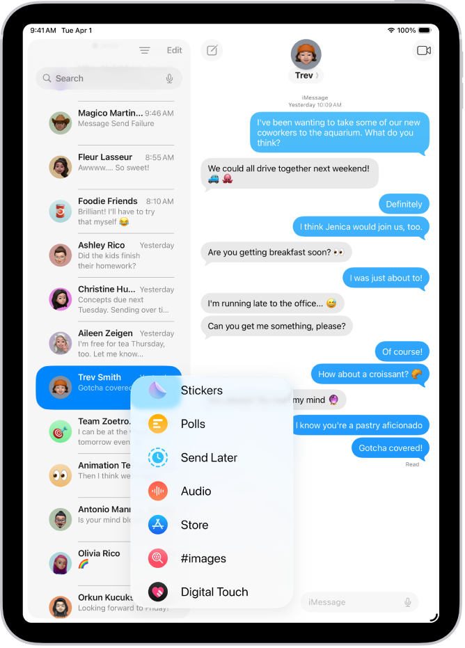 Izvēlne Add iPad lietotnē Messages, kur noraidītas vairākas iMessage funkcijas: ieplānota nosūtīšana, audio ziņapmaiņa, App Store, GIF attēli, Digital Touch, atrašanās vietas kopīgošana un mūzika.