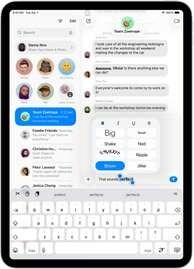 Lietotnes Messages saruna ar teksta laukā atlasītu vārdu un virs tā redzamās formatēšanas un efektu opcijas. Parādās atlasītais teksts ar efekta priekšskatījumu.