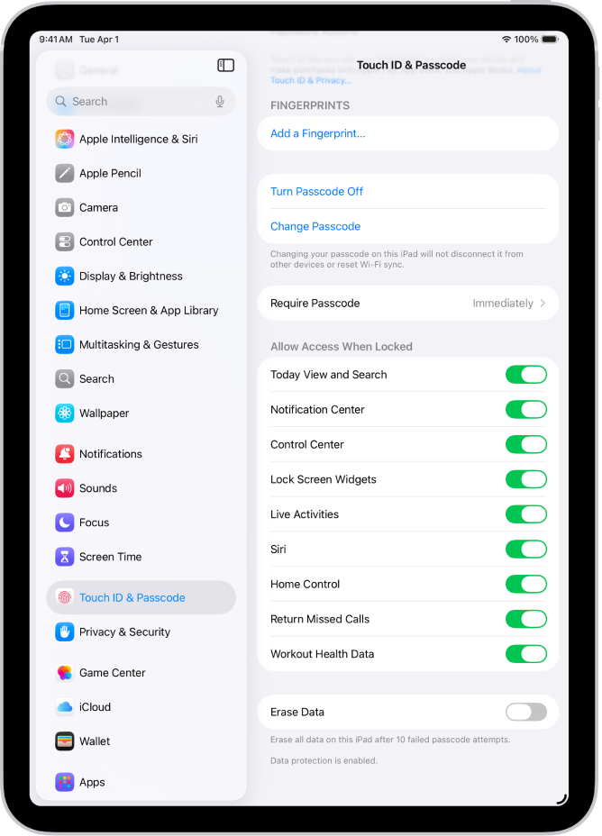 iPad लॉक असताना विशिष्ट फीचर्सना ॲक्सेस करण्याची अनुमती देण्याच्या पर्यायांसह Face ID व पासकोड सेटिंग.