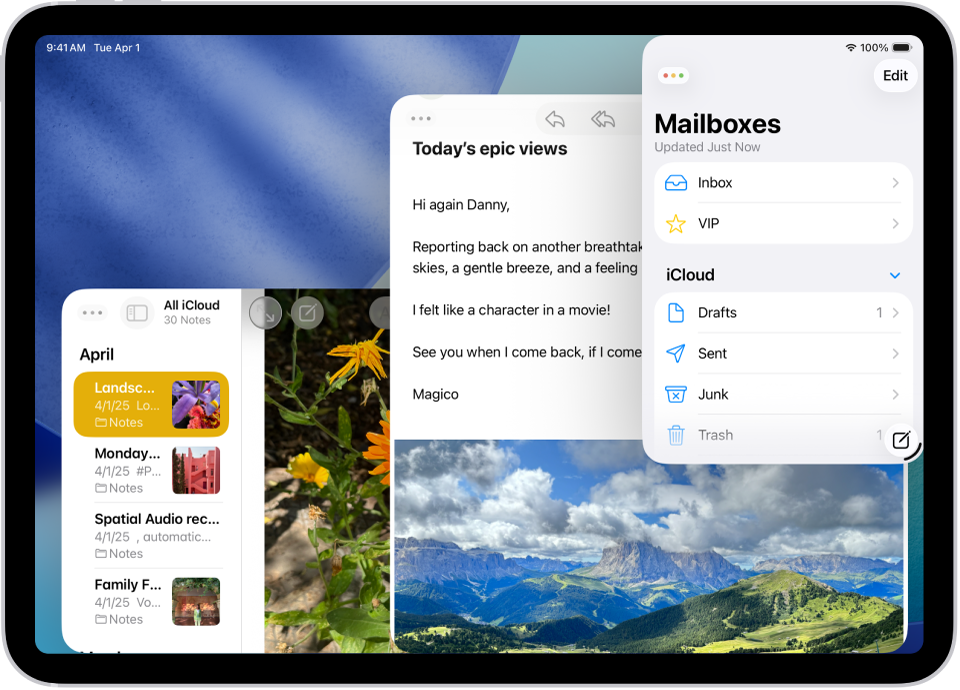 दोन ‘Mail’ विंडोज आणि एका नोट्स विंडोमध्ये सुरू असलेले काम दाखवणारी iPad स्क्रीन.
