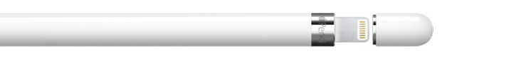 कॅप काढून टाकलेली Apple Pencil (पहिले जनरेशन), iPad वरील Lightning कनेक्टरमध्ये प्लग केलेले शेवटी उघडते.