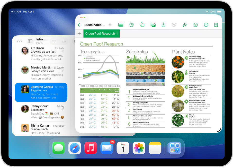 Skrin iPad dengan tiga app terbuka dan tataletak tetingkap dipilih yang menyusunnya satu per tiga pada skrin.