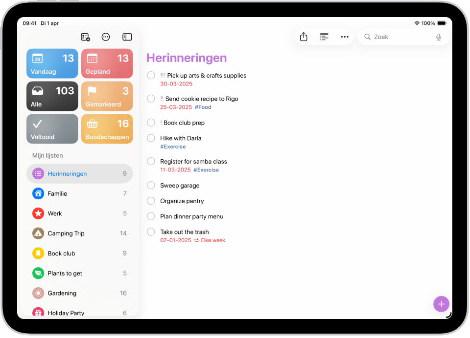 Een nieuwe taak wordt toegevoegd aan de herinneringenlijst.