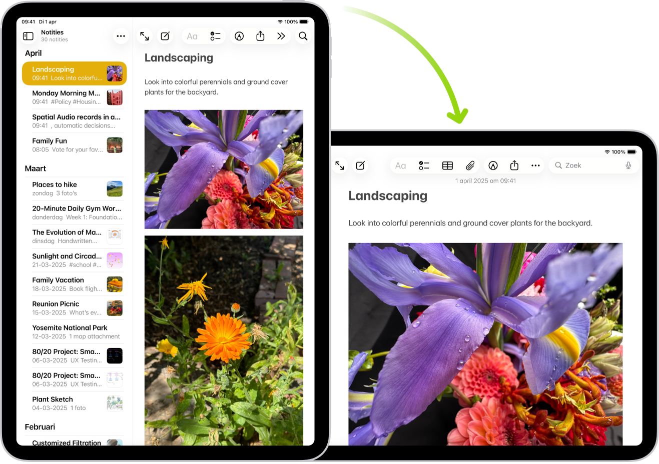 Op de achtergrond wordt op de iPad een Notities-scherm staand weergegeven; op de voorgrond is de iPad gedraaid, zodat je het Notities-scherm in de liggende weergave ziet.