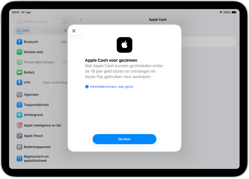 Het Instellingen-scherm met het configuratievenster voor 'Apple Cash voor gezinnen' in het midden van het scherm.