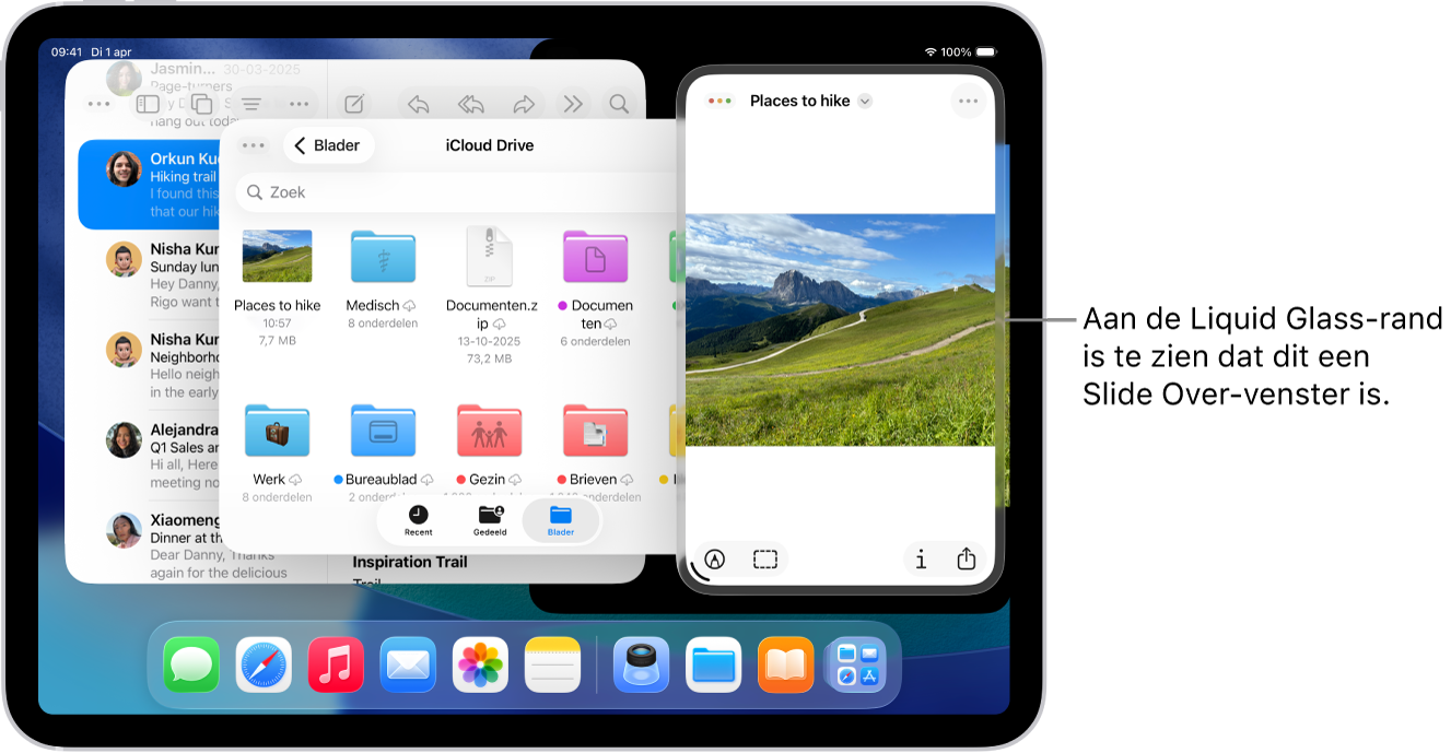 Drie geopende appvensters op het scherm. Eén ervan is een Slide Over-venster, wat te zien is aan de Liquid Glass-rand.