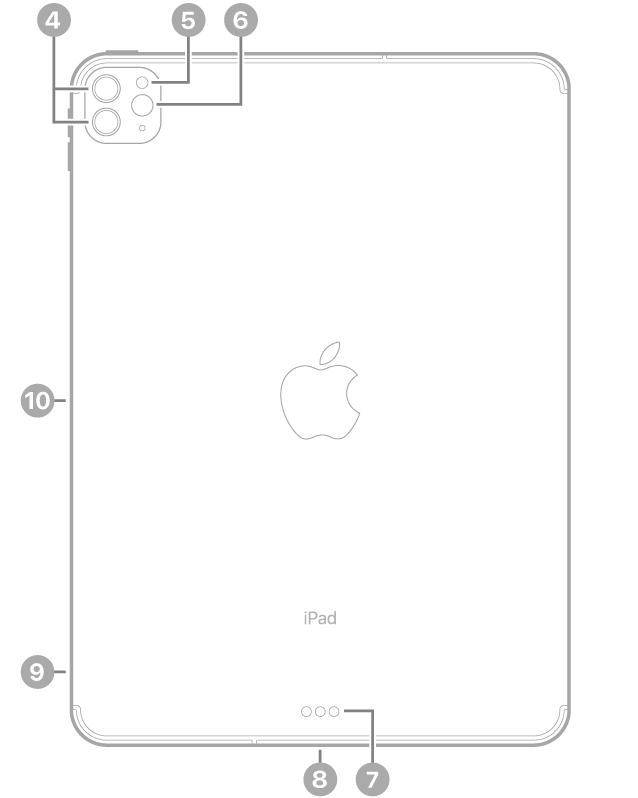 Achterkant van de iPad Pro met bijschriften voor de camera's aan de achterkant en de flitser linksbovenin, de Smart Connector en USB‑C-connector in het midden aan de onderkant, de simkaarthouder (Wi‑Fi + Cellular) linksonderin en de magnetische connector voor de Apple Pencil aan de linkerkant.