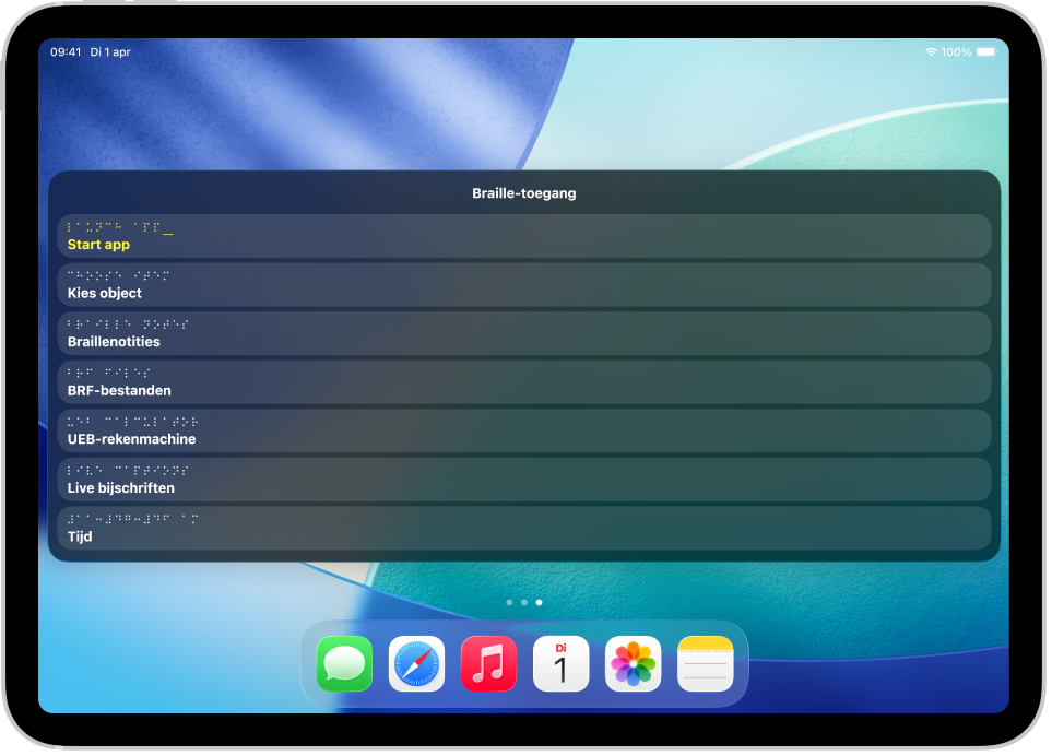 Een iPad waarop het menu 'Brailletoegang' is geopend, met de volgende opties: 'Start app', 'Kies object', 'Braillenotities', 'BRF-bestanden', 'Rekenmachine', 'Live bijschriften' en 'Tijd'.