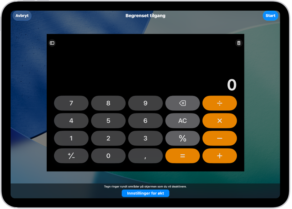En iPad-skjerm der Begrenset tilgang konfigureres. iPaden låses midlertidig til kun Kalkulator-appen, og én av knappene i appen har blitt deaktivert.