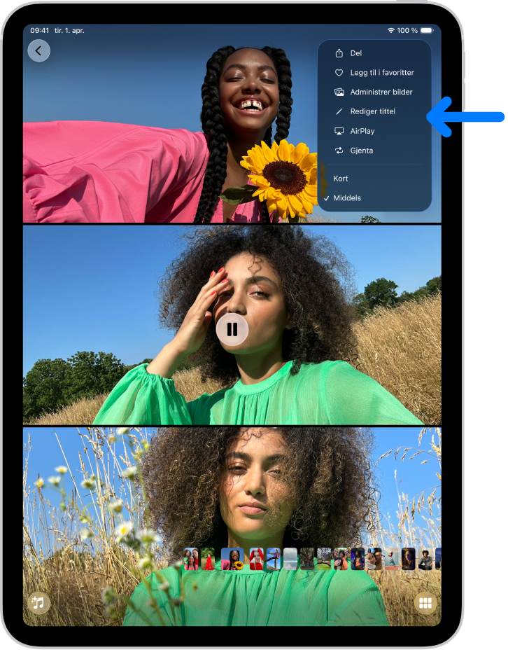 En lysbildeserie i Bilder-appen spilles av på iPad. Øverst til høyre på skjermen vises en lokalmeny med et valg om å bruke AirPlay.