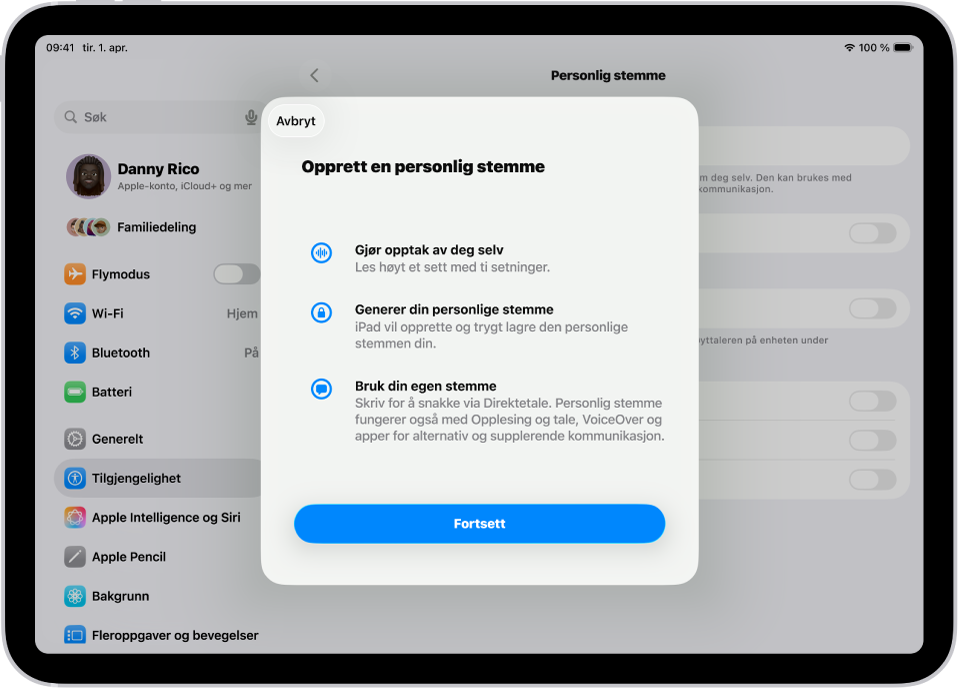 En iPad med informasjon om hvordan du genererer en personlig stemme.