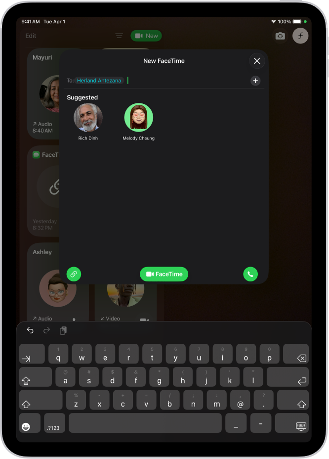 iPad ରେ ଥିବା ନୂଆ FaceTime ୱିଣ୍ଡୋ। “ପ୍ରାପକ” ଫିଲ୍ଡ୍ରେ ଏକ ନାମ ଲେଖାଯାଇଛି ଏବଂ ଏହାର ନିମ୍ନରେ ଦୁଇଟି ପରାମର୍ଶ ଦିଆଯାଇଥିବା କଣ୍ଟାକ୍ଟ୍ ଦେଖାଯାଏ।
