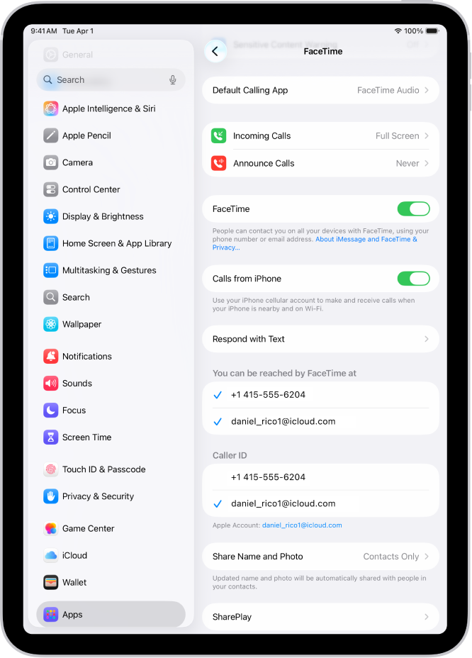 FaceTime ସେଟିଂସ୍ ସ୍କ୍ରୀନ୍, FaceTime କୁ ଚାଲୁ କିମ୍ବା ବନ୍ଦ କରିବା ପାଇଁ କଣ୍ଟ୍ରୋଲ୍ ଏବଂ ଆପଣଙ୍କ ପାଖରେ ପହଞ୍ଚିବାର ଫୋନ୍ ନମ୍ବର୍ ଏବଂ ଇମେଲ୍ ଠିକଣାକୁ ଦେଖାଉଛି।