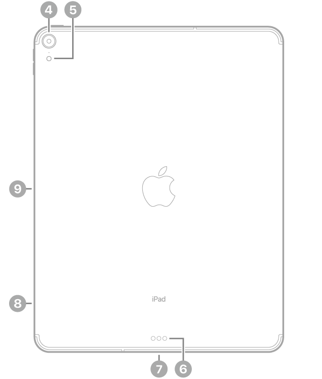 ପଛ କ୍ୟାମେରାରେ କଲ୍ଆଉଟ୍ ସହିତ iPad Pro ର ବ୍ଯାକ୍ ଭ୍ଯୂ ଏବଂ ଶୀର୍ଷ ବାମ ପାର୍ଶ୍ବରେ ଫ୍ଲାଶ୍, Smart Connector ଏବଂ ନିମ୍ନ କେନ୍ଦ୍ରରେ USB-C କନେକ୍ଟର୍, ନିମ୍ନ ବାମ ପାର୍ଶ୍ବରେ SIM ଟ୍ରେ (Wi-Fi + Cellular) ଏବଂ ବାମ ପାର୍ଶ୍ବରେ Apple Pencil ପାଇଁ ଚୁମ୍ବକୀୟ କନେକ୍ଟର୍।