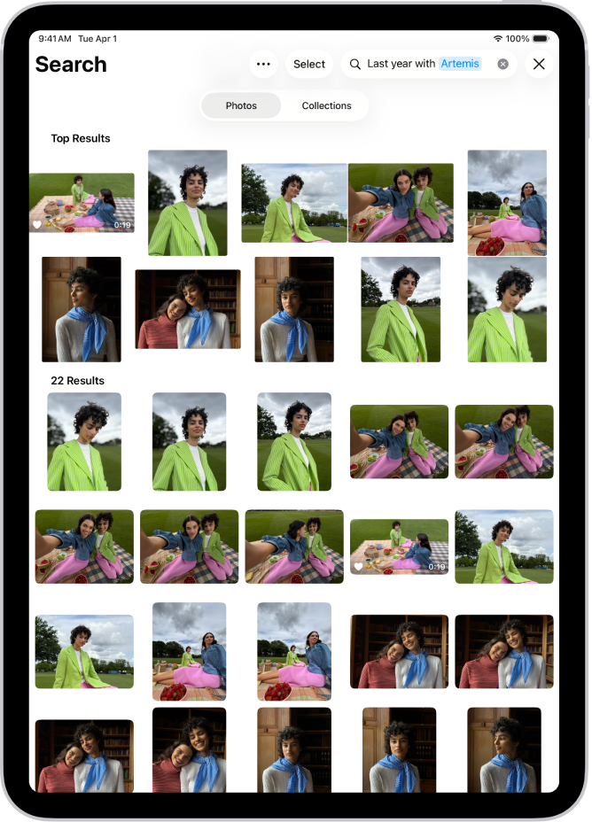 ଫଟୋ ଆପ୍ରେ ଫଟୋ ଦେଖାଉଥିବା ଏକ iPad। ସ୍କ୍ରୀନ୍ର ଶୀର୍ଷ ଡାହାଣ ପାର୍ଶ୍ୱରେ ବର୍ଣ୍ଣନା ସହିତ ଏକ ସର୍ଚ୍ଚ୍ ବାର୍ ଦେଖାଯାଏ।