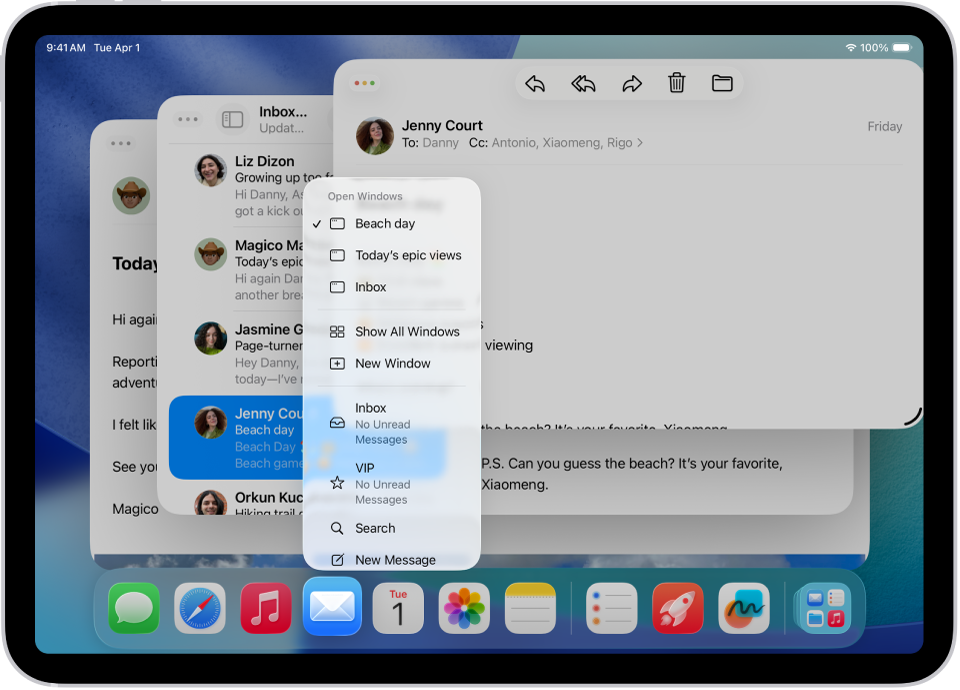 ਇੱਕ iPad ਸਕਰੀਨ, ਜਿਸ ਵਿੱਚ Mail ਐਪ ਦੀਆਂ ਖੁੱਲ੍ਹੀਆਂ ਵਿੰਡੋ ਹਨ ਅਤੇ ਇੱਕ ਵਿੰਡੋ ਵਿੱਚ ਉਸ ਐਪ ਦਾ ਮੈਨਿਊ ਦਿਖਾਈ ਦੇ ਰਿਹਾ ਹੈ।