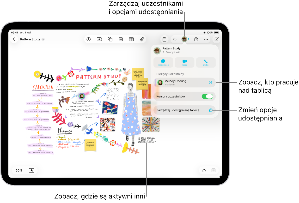 Udostępniana tablica friform na iPadzie z otwartym menu współpracy. Miejsca, w których inni uczestnicy pracują na tablicy, są oznaczone kolorami.