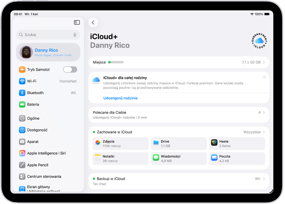 Ekran ustawień iCloud zawierający wskaźnik wykorzystania dostępnego miejsca w iCloud oraz listę funkcji, takich jak Zdjęcia, iCloud Drive i Backup w iCloud, których można używać z iCloud.