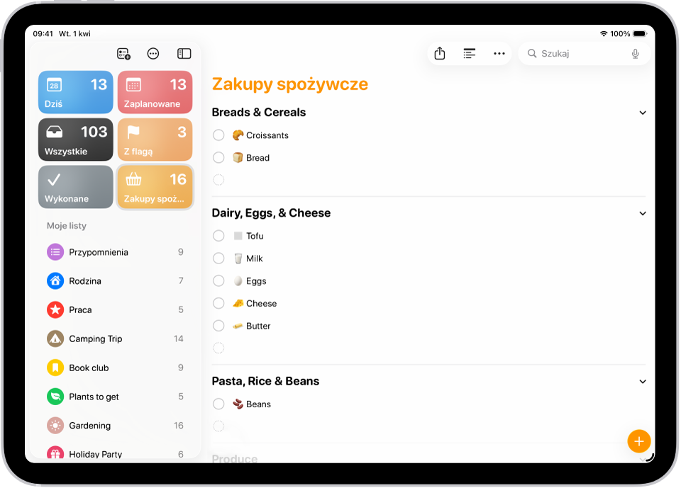 Aplikacja Przypomnienia wyświetlająca listę zakupów z produktami podzielonymi na kategorie, takie jak Warzywa i Owoce morza.