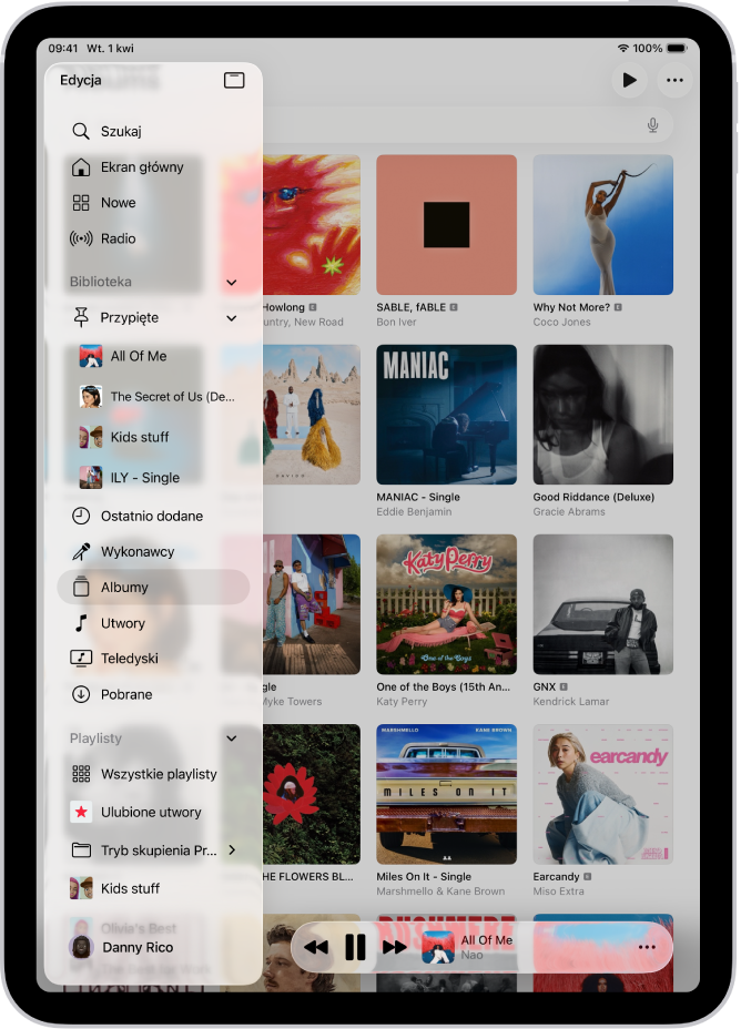 Aplikacja Muzyka na iPadzie. Po lewej widoczny jest pasek boczny, a po prawej wyświetlane są albumy. Na dole wyświetlany jest miniodtwarzacz.