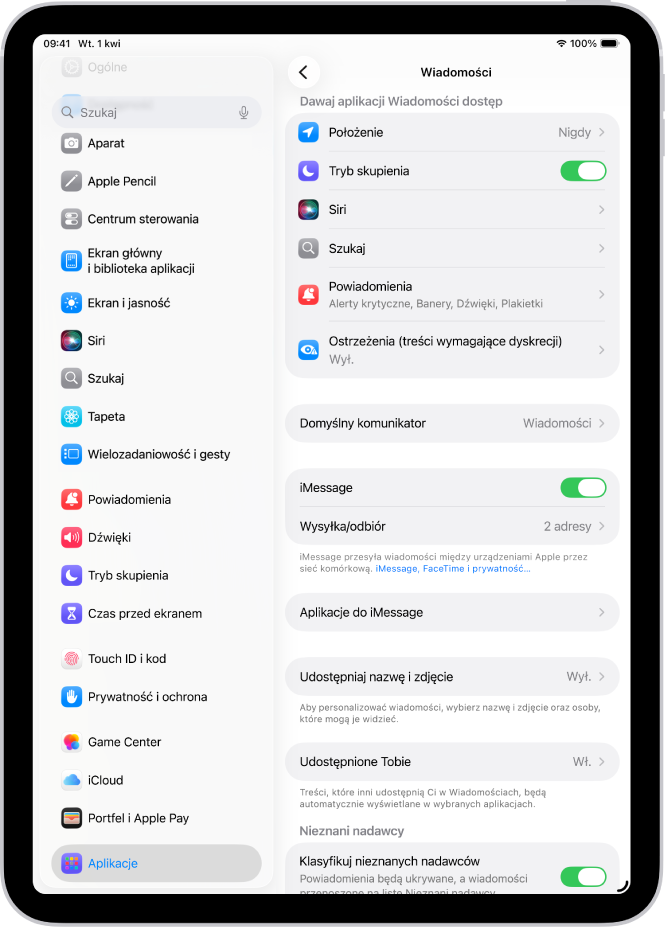 Panel ustawień Wiadomości z włączoną funkcją iMessage.