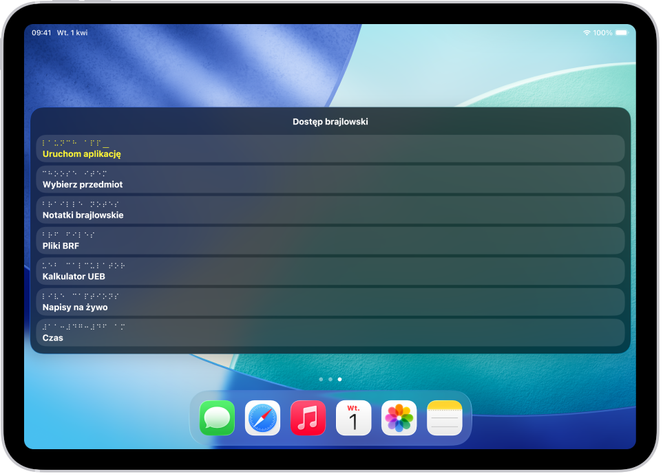 iPad z otwartym menu Dostęp brajlowski wyświetlającym następujące opcje: Uruchom aplikację, Wybierz przedmiot, Notatki brajlowskie, Pliki BRF, Kalkulator, Napisy na żywo oraz Czas.