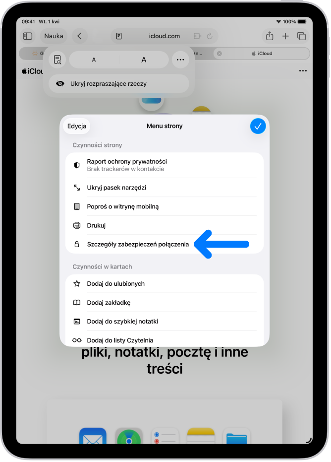 Otwarte menu strony w Safari. W połowie strony widoczne jest narzędzie Szczegóły zabezpieczeń połączenia.