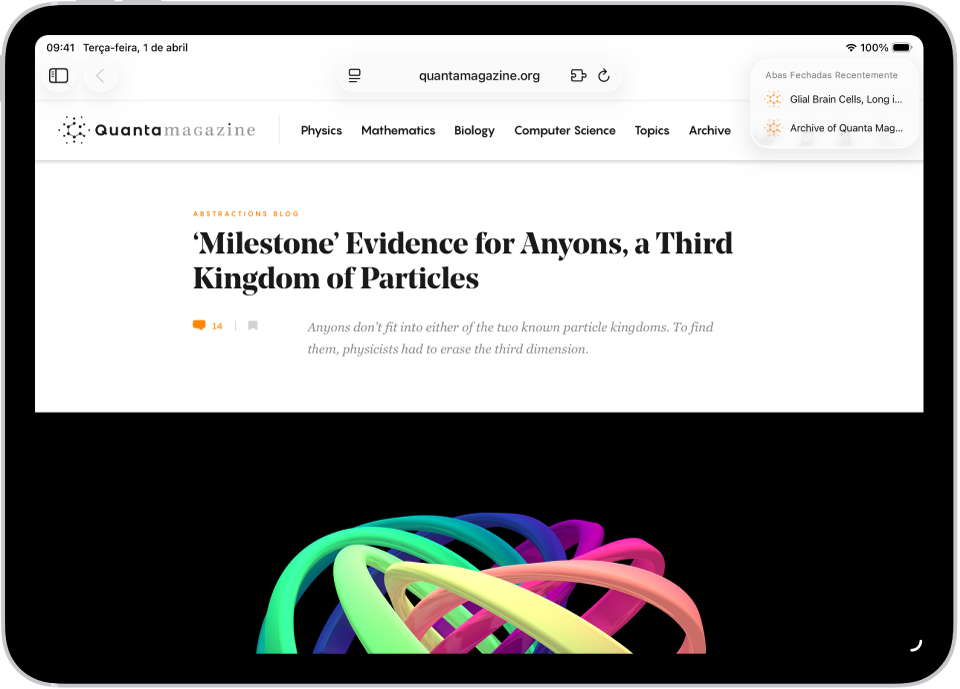 No Safari, uma página web está aberta. Na parte superior direita da tela, o botão Nova Aba está selecionado e mostra uma lista de duas abas fechadas recentemente.