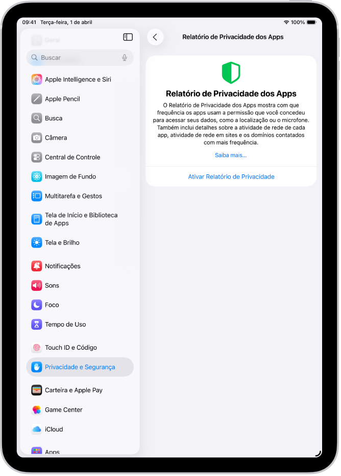 A tela Relatório de Privacidade dos Apps, onde você pode ativar um relatório para que mostre com qual frequência os apps usam as permissões que você concedeu, junto com a respectiva atividade de rede.