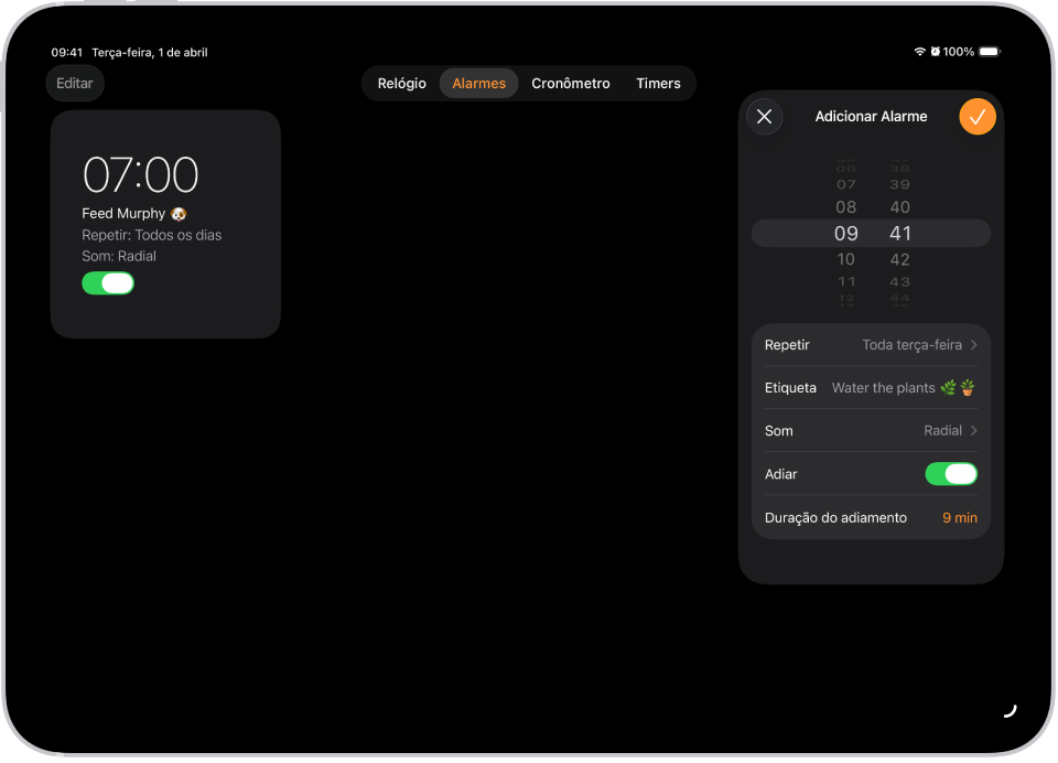 A aba Alarmes no app Relógio, com ajustes para alterar a hora do alarme, escolher se o alarme repete, adicionar uma etiqueta ao alarme, selecionar um som de alarme, ativar o adiamento e alterar a duração do adiamento.