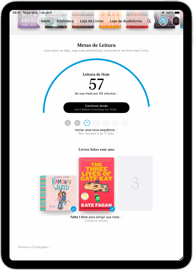 A tela Metas de Leitura mostrando estatísticas do usuário, tais como leitura de hoje, os registros de leitura da semana e os livros lidos no ano.