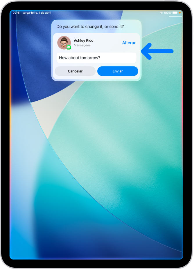 Um iPad mostra uma resposta de Siri na parte superior do ecrã na forma de uma mensagem de texto pronta a ser enviada.