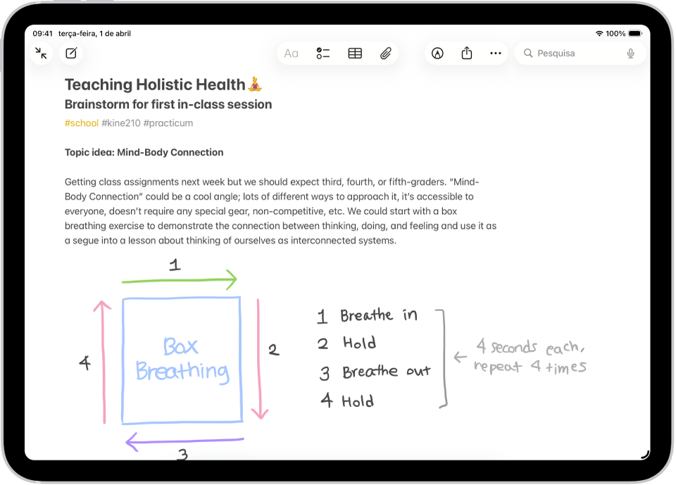 Uma nota para um brainstorming da turma com etiquetas como #escola e #kine210. A nota apresenta um diagrama desenhado à mão de um exercício de respiração em caixa, que ilustra um ciclo de respiração em quatro passos.