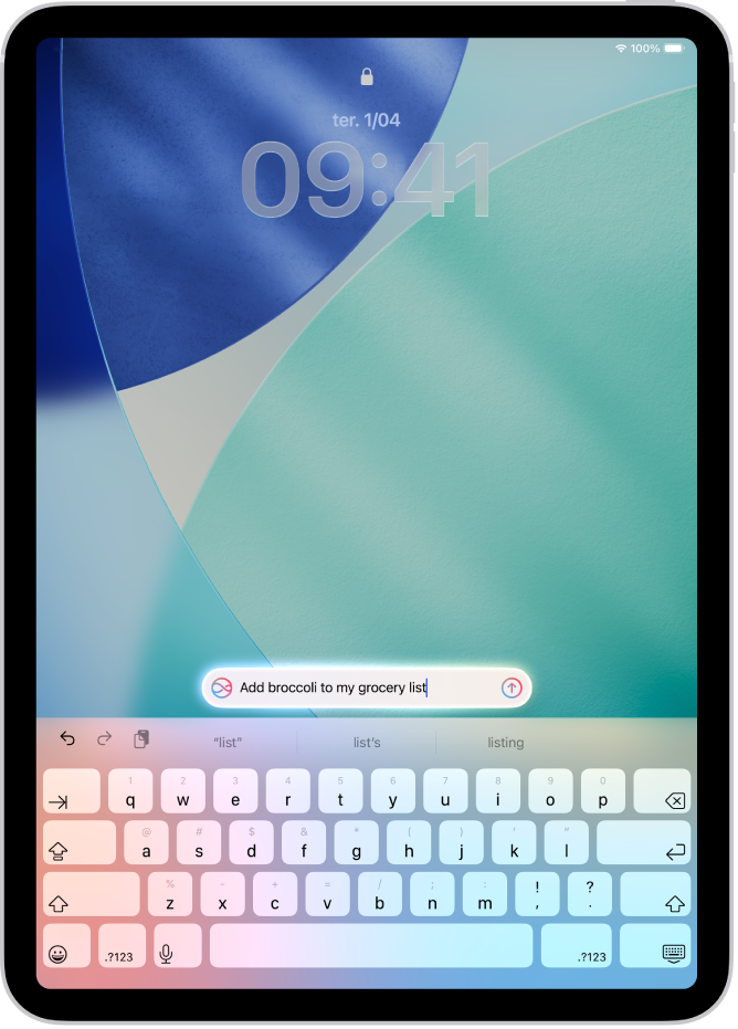 Um iPad a mostrar o teclado no ecrã bloqueado. Um pedido de Siri aparece na parte superior do teclado.