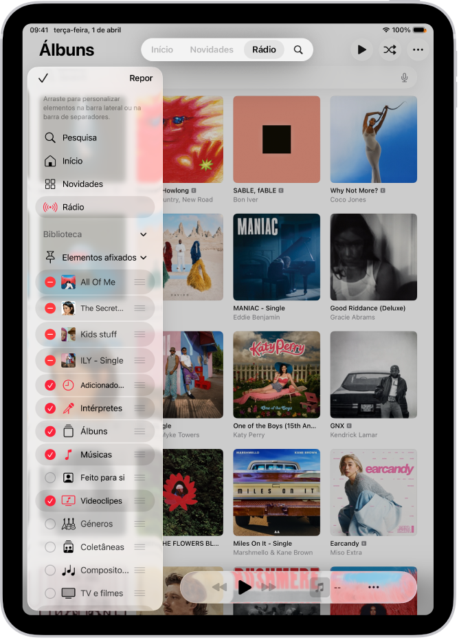 O iPad na orientação vertical a mostrar opções para editar a barra lateral à esquerda e a barra de separadores na parte superior do ecrã.