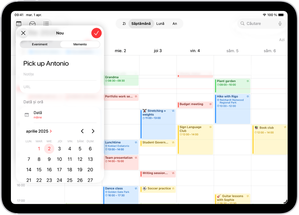 Un calendar în vizualizarea Săptămână afișând fereastra pentru crearea unui memento.