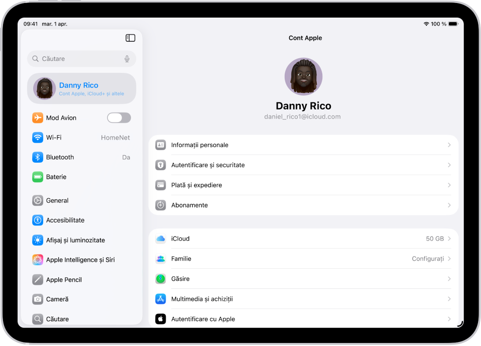 Configurările contului Apple, afișate cu o listă de opțiuni, inclusiv informații personale, abonamente, funcționalitatea Găsire etc.