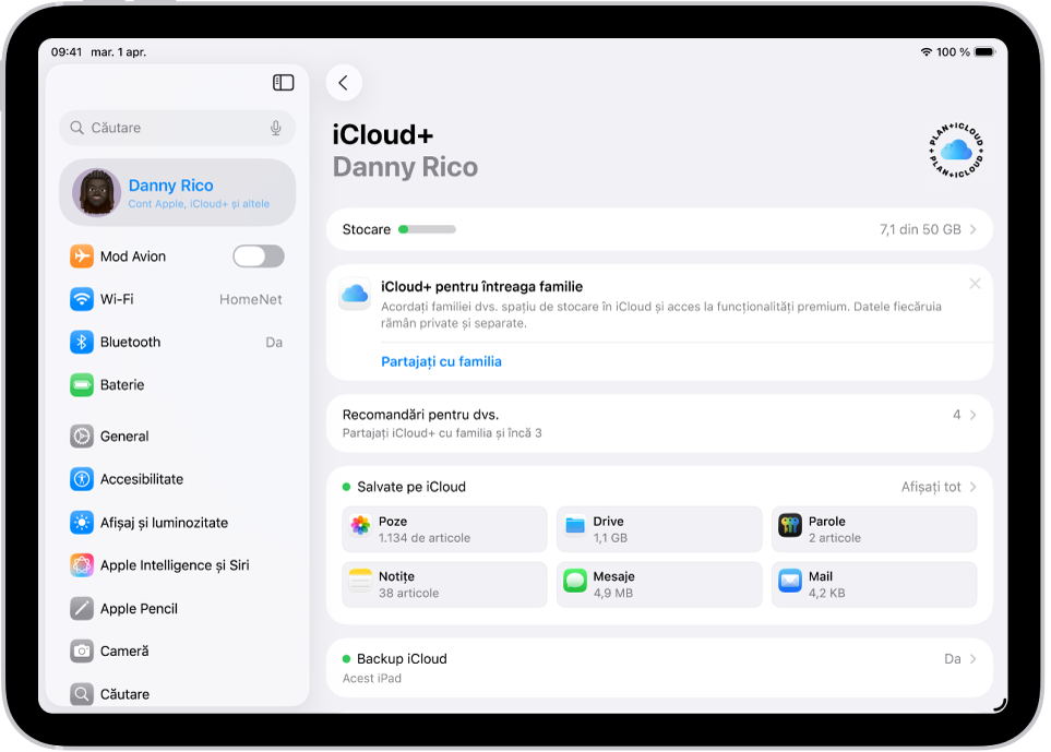 Ecranul de configurări iCloud afișând contorul de stocare și o listă de funcționalități, inclusiv Poze, iCloud Drive și Backup iCloud, ce pot fi utilizate cu iCloud.