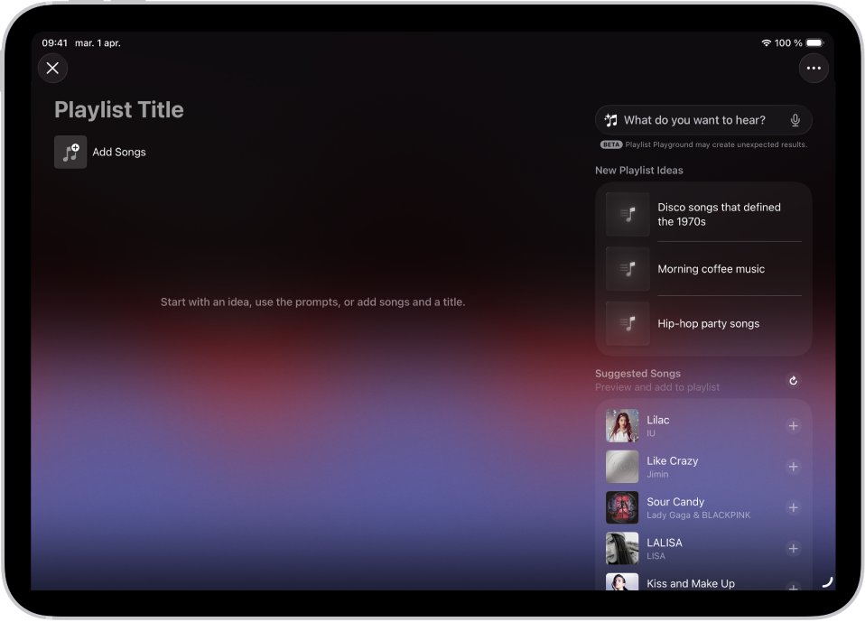 Playlist Playground este deschis în Apple Music, afișând câmpul pentru titlu, butonul Adăugați melodii și, sub acesta, un câmp de căutare cu sugestii de liste de redare.