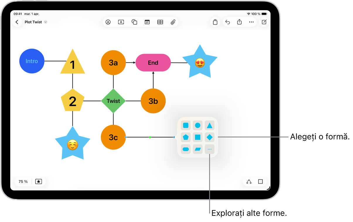 O diagramă dintr-un panou Freeform cu o formă nouă în curs de adăugare.