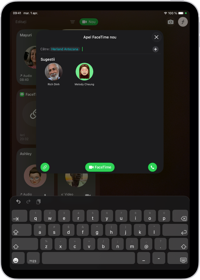 Fereastra FaceTime nou pe iPad. Este introdus un nume în câmpul „Către” și două contacte sugerate apar dedesubt.