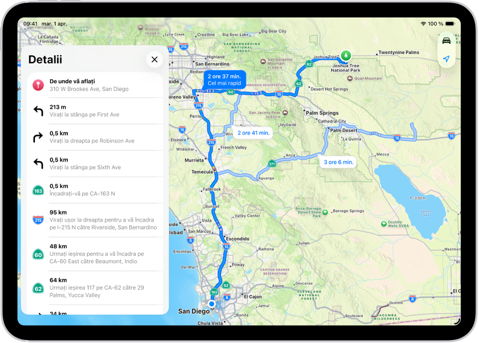O hartă afișând trei opțiuni de rute și o listă detaliată de pași pentru a ajunge la o destinație cu cât mai puține viraje.