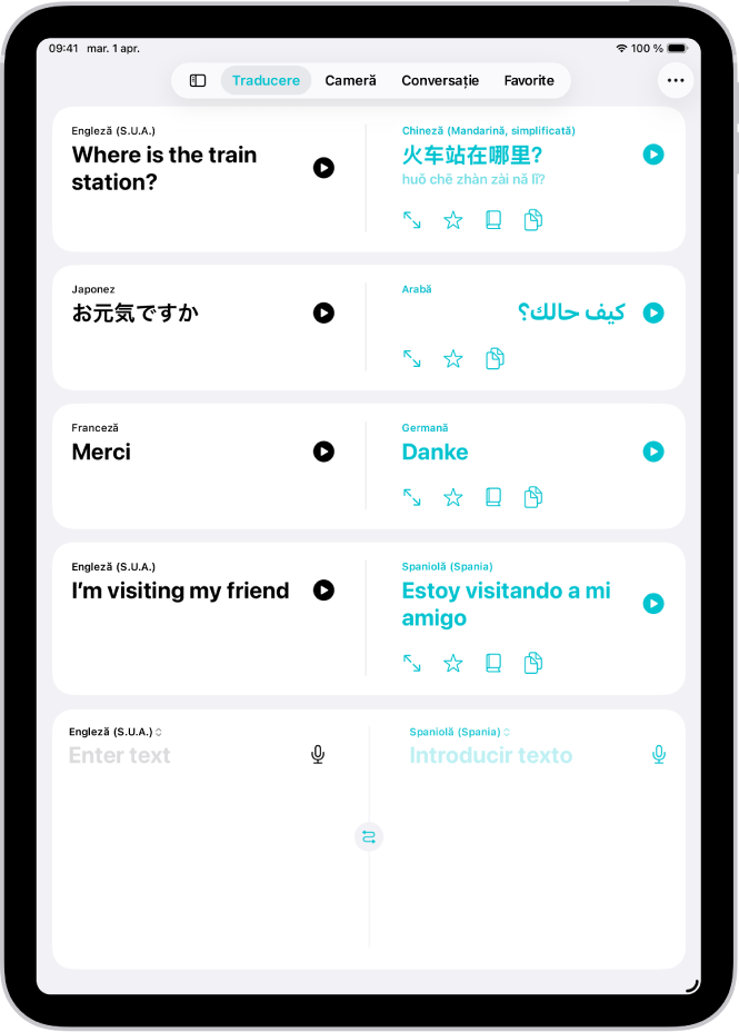 Ecranul Traducere, afișând fraze traduse din engleză în chineză, din japoneză în arabă, din franceză în germană și din engleză în spaniolă. De‑a lungul părții de sus, de la stânga la dreapta, se află butoanele Afișați bara laterală, Traducere, Cameră, Conversație, Favorite și Mai multe.