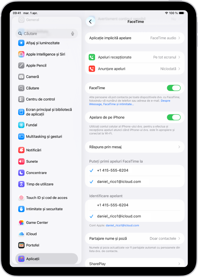 Ecranul de configurări FaceTime, afișând comanda pentru activarea sau dezactivarea FaceTime și numărul de telefon și adresa de e‑mail la care vă pot contacta alte persoane.