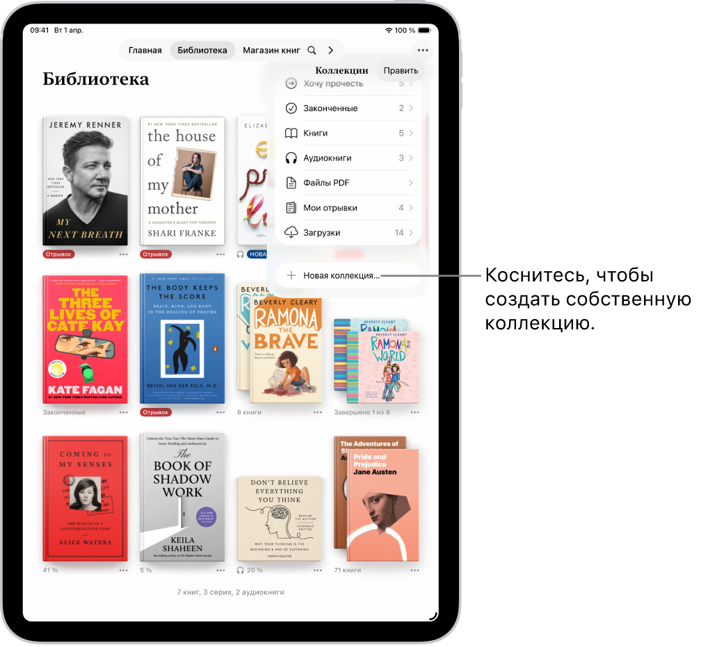 Экран «Библиотека» в приложении «Книги». В верхней части экрана открыто меню «Коллекции» и показаны такие варианты, как аудиокниги и файлы PDF.