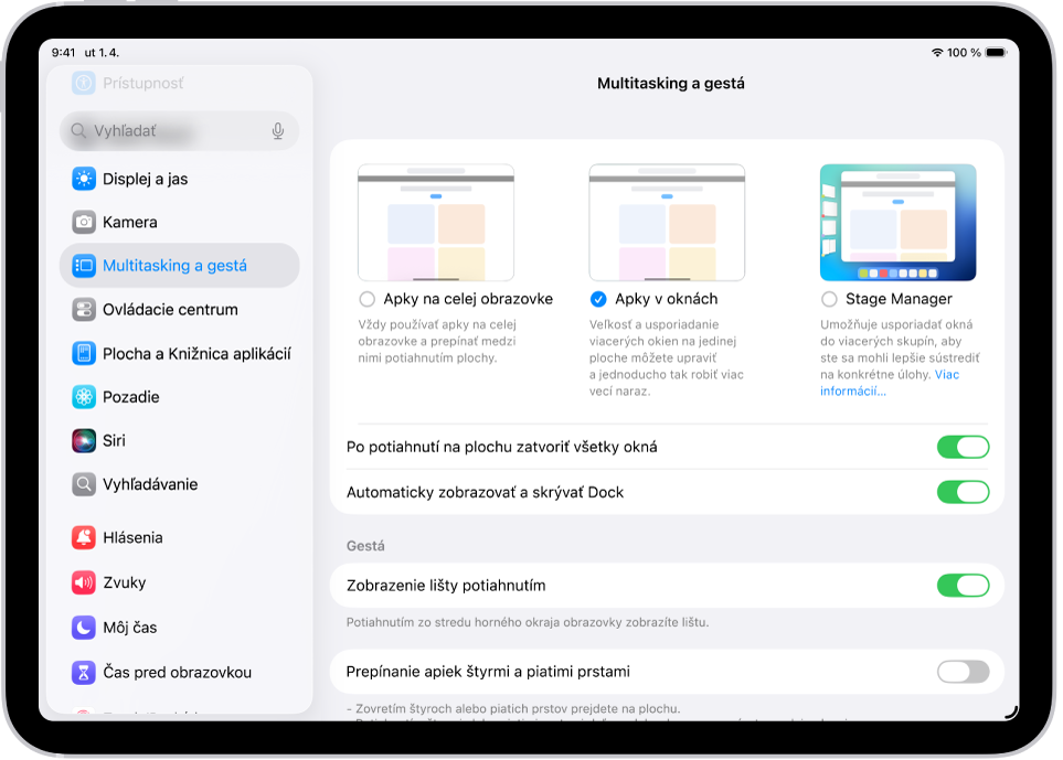 Okno na iPade s nastaveniami Multitasking a gestá.