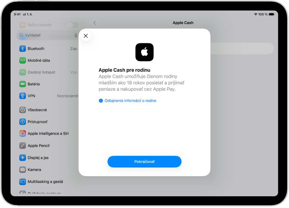 Obrazovka Nastavenia, na ktorej sa v strede zobrazuje dialógové okno nastavenia služby Apple Cash pre rodinu.