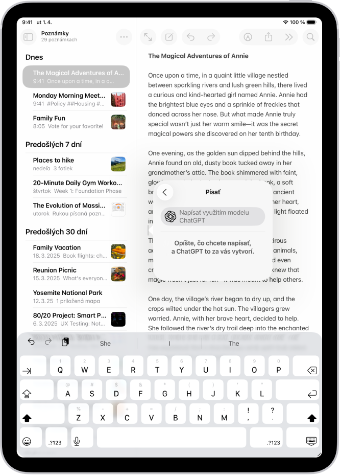 iPad s rozpísaným článkom v apke Poznámky. V pravej časti obrazovky je dialógové okno písania pomocou nástrojov na písanie s možnosťami na opísanie zmeny, výber návrhov ChatGPT a ďalšie funkcie.